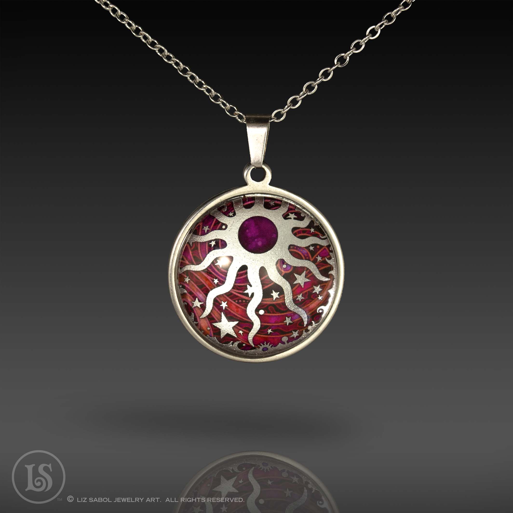 Celestial Sun Magenta Pendant, Glass, Stainless Steel